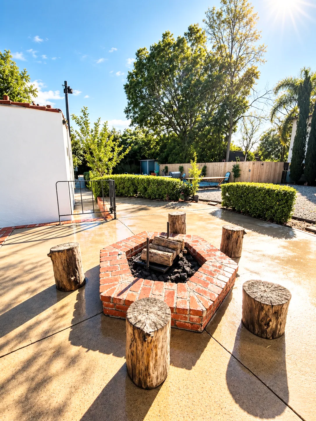 Fenced backyard patio with outdoor seating and a fire pit